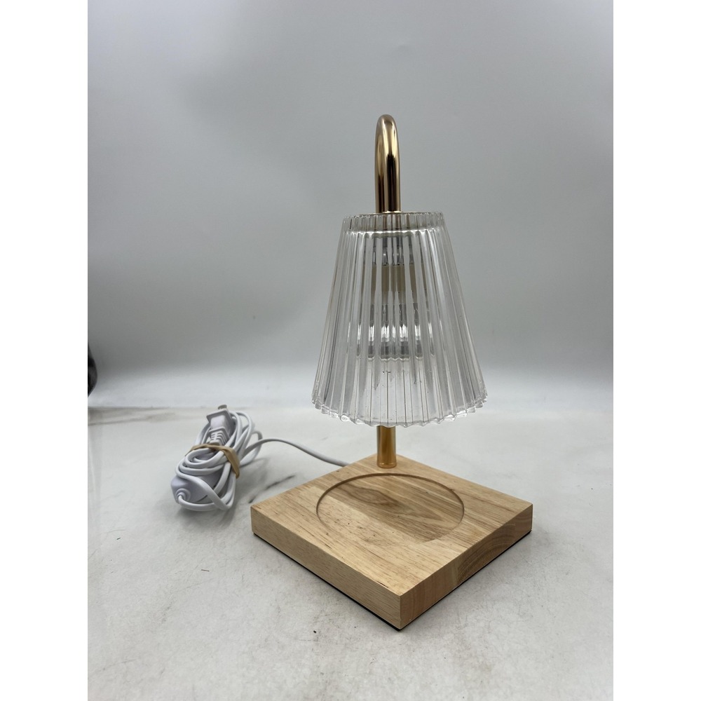 Electric Candle Warmer Lamp Gold Fluted Glass Shade Wood Base Timer Dimmer
